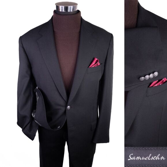 Samuelsohn Sport Coat Jacket Blazer Sz 46L/R Silver Button Solid Black Wool EUC